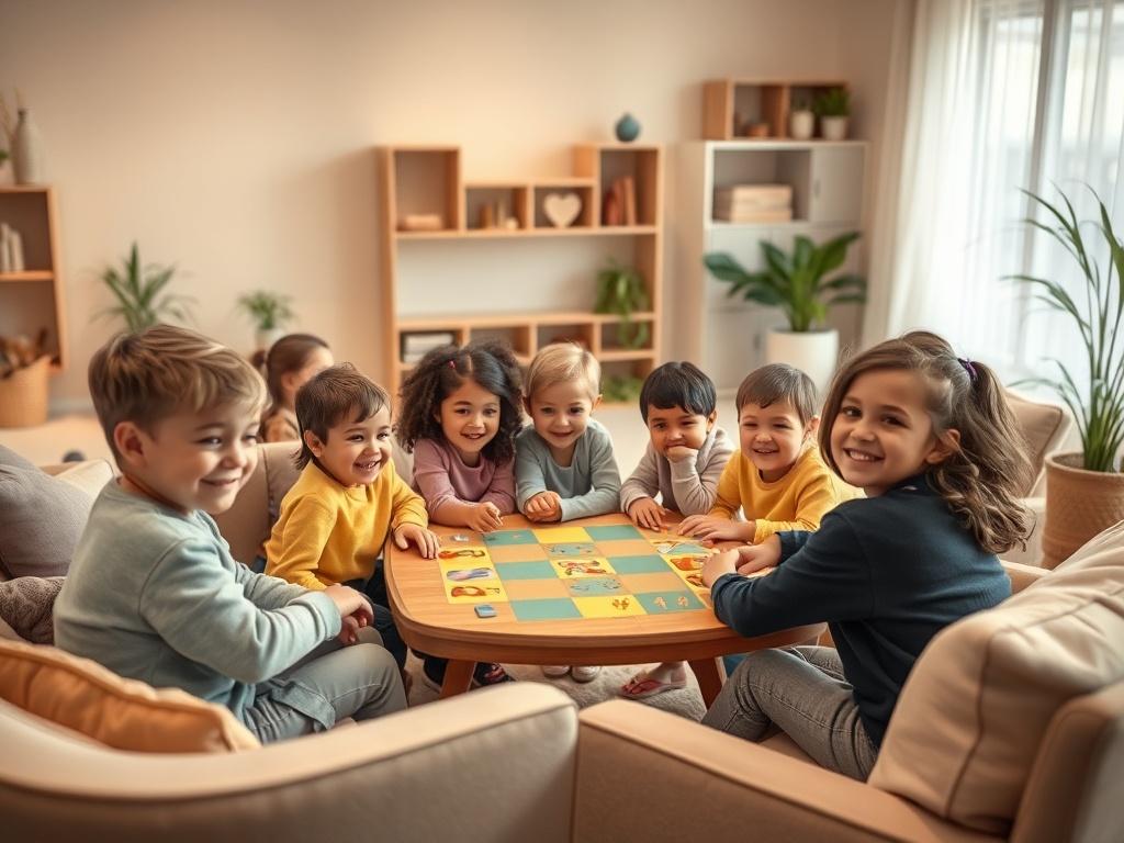 A cozy group therapy room filled with children participating in peer interaction activities. They are playing a board game together, displaying expressions of joy and collaboration. The room is decorated with soft colors and comfortable furniture, creating an inviting and friendly atmosphere.