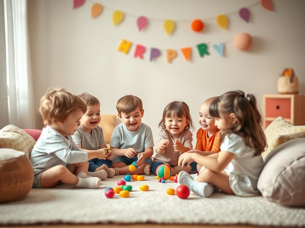A serene setting featuring a small group of children engaged in a fun and interactive group therapy session. The children are smiling and participating in activities like sharing toys and playing cooperative games, surrounded by gentle lighting and soft, inviting colors. The background includes cozy seating and colorful decorations that create a warm and welcoming atmosphere.