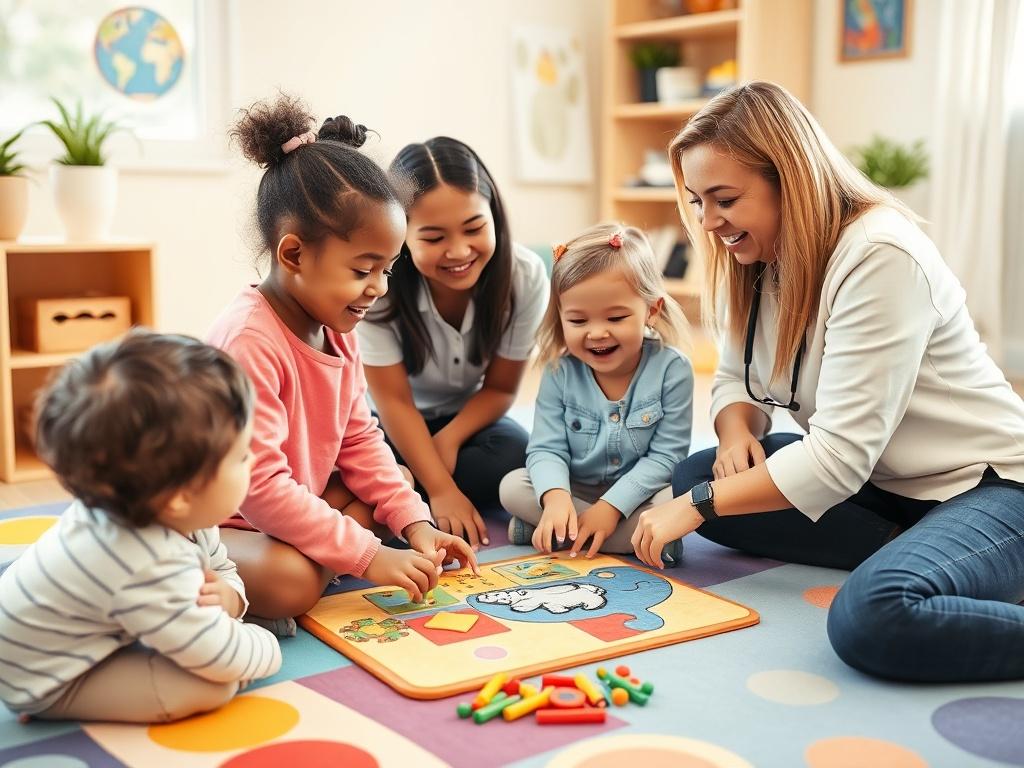 A vibrant scene showing children engaged in a skill-building activity during a group session. The children are laughing and collaborating on a puzzle on a colorful mat, with supportive clinicians nearby guiding them. The environment is bright and cheerful, emphasizing camaraderie and learning.
