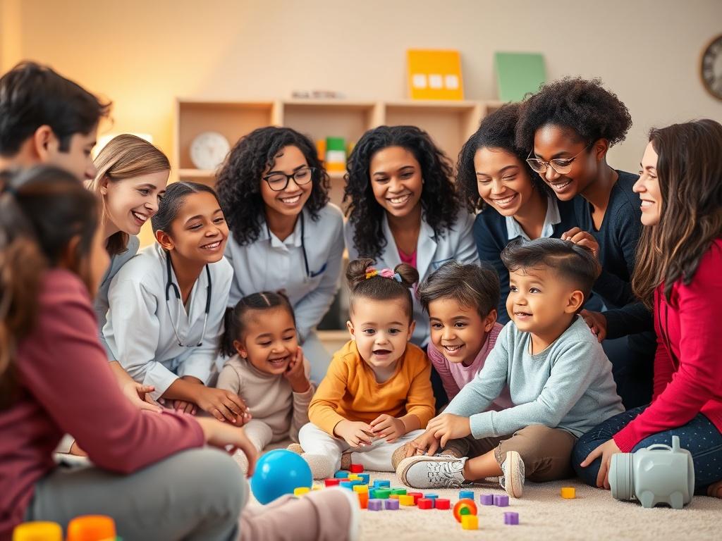 A joyful group of diverse professionals in a warm, inviting therapy room, interacting with children on the autism spectrum. The environment is bright and colorful, with soft lighting and educational toys scattered around. The professionals are engaged and smiling, showcasing a collaborative atmosphere that emphasizes compassion and support.