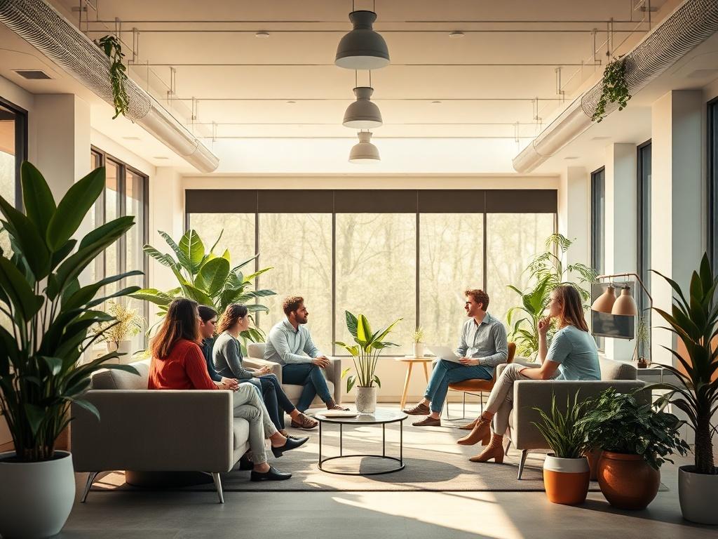 A serene office space filled with soft, natural light, featuring team members engaged in discussions and brainstorming sessions. The room has plants, comfortable seating, and collaborative spaces that encourage teamwork. The atmosphere is warm and inviting, reflecting a culture of support and empowerment.