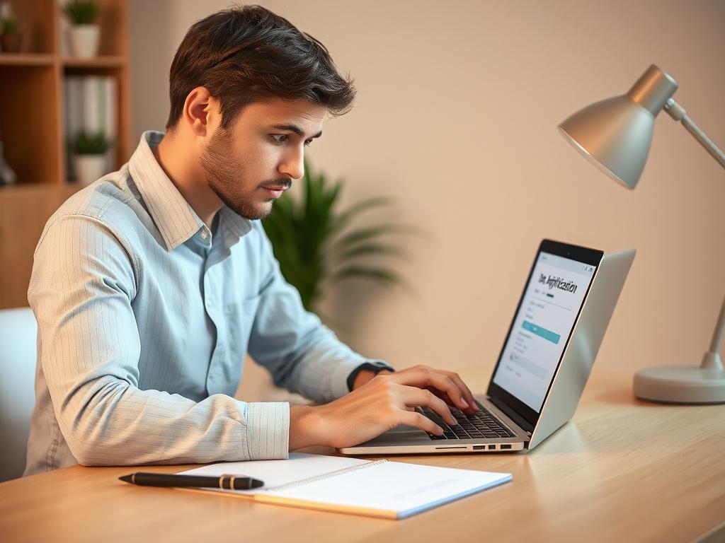 A focused individual sitting at a desk, filling out an online job application on a laptop. The setting is organized and professional, with a notepad and pen nearby. Soft lighting creates a calm atmosphere, reflecting the seriousness and excitement of pursuing a new opportunity.