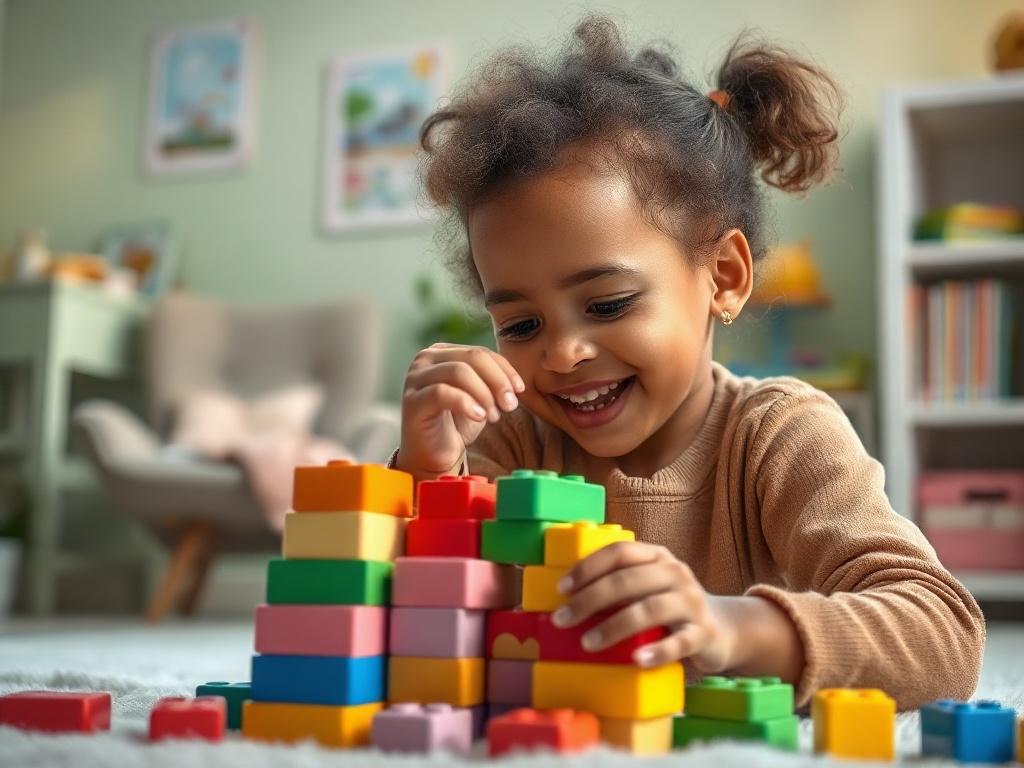 Create a highly detailed, realistic high-resolution photo that embodies the theme of "Benefits of ABA Therapy." The composition should be simple and clear, featuring a single subject: a young child engaged in a focused activity, such as playing with colorful building blocks. The child should be around 5-7 years old, reflecting diversity, with an expression of curiosity and joy as they build a tower, showcasing their concentration and engagement.

In the background, depict a softly lit, calm therapy environm