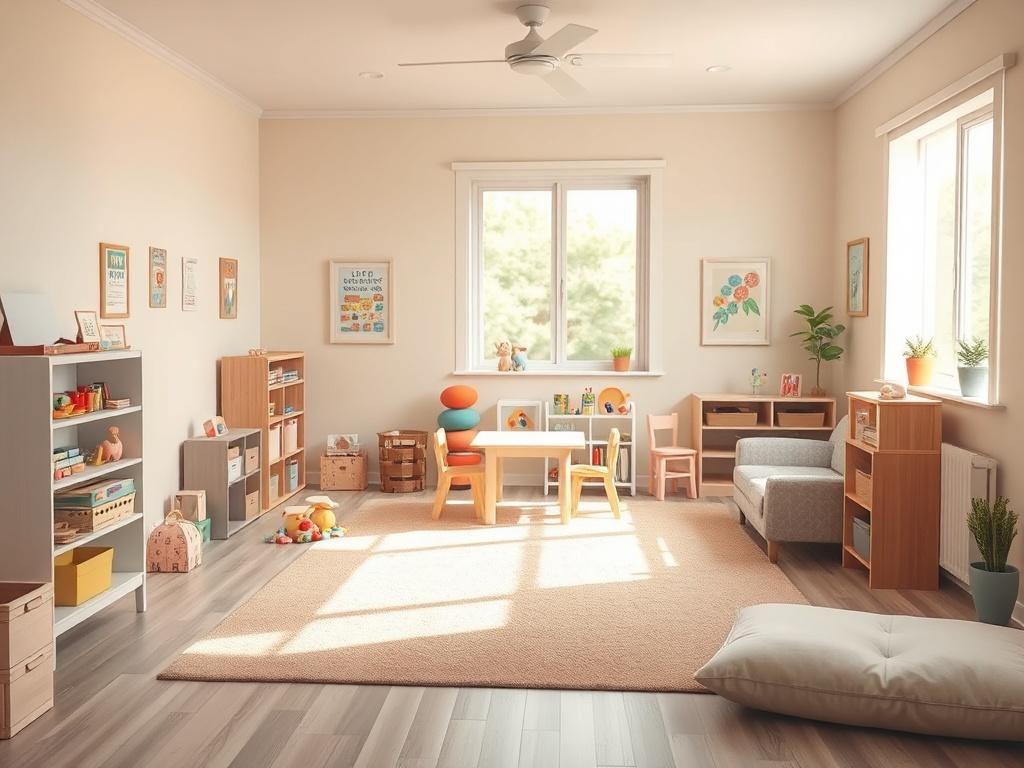 A serene and inviting therapy room designed for children, featuring soft pastel colors, gentle lighting, and child-friendly decor. The room includes therapeutic toys, comfortable seating, and a calm atmosphere. Emphasize a peaceful environment that fosters learning and growth. The composition should focus on the room's layout, showcasing an area where children can engage in ABA therapy, with details like a small table and chairs, educational materials, and a window allowing natural light to stream in.
