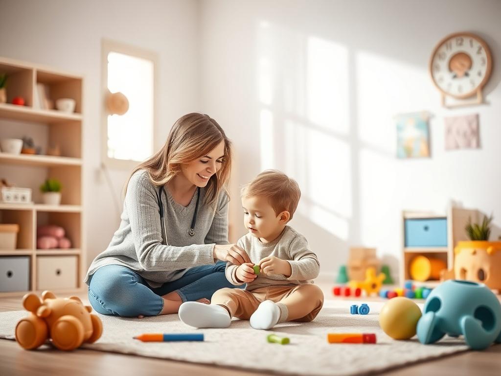 A serene, high-resolution image depicting a compassionate therapist interacting with a young child in a bright, inviting therapy room. The room features soft lighting, calming colors, and educational toys scattered around. The therapist, a warm and friendly figure, is engaged in playful learning with the child, fostering an atmosphere of growth and positivity. The background should be simple and uncluttered, emphasizing the bond between the therapist and child.