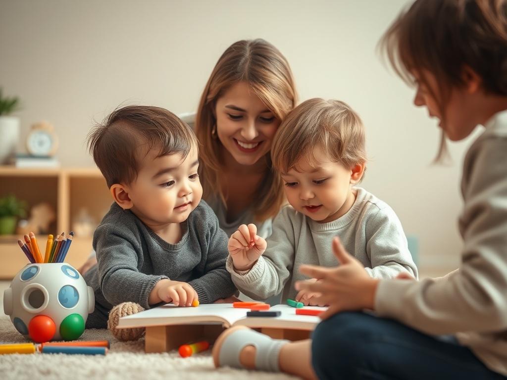 A serene, high-resolution photo of a child engaged in a playful learning activity, surrounded by educational tools and a supportive adult. The scene is warm and inviting, with soft lighting and gentle colors that convey a peaceful atmosphere. The background should be simple and uncluttered, focusing on the interaction between the child and the adult.