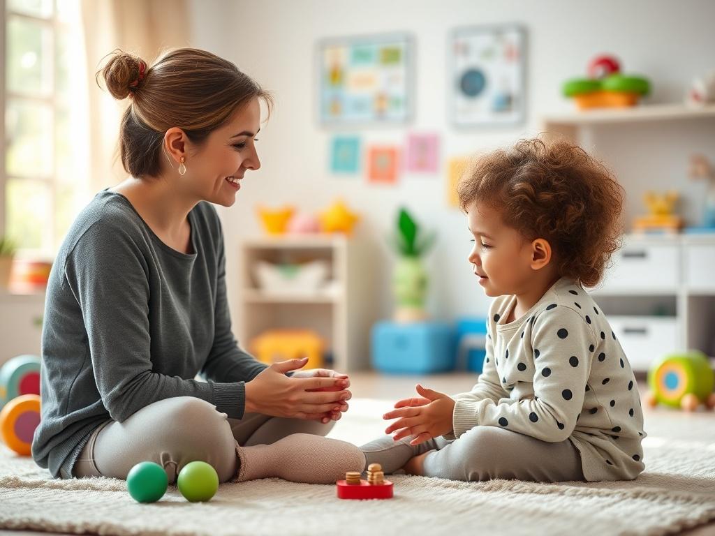 A serene environment showcasing a child engaged in a playful ABA therapy session with a caring therapist. The scene should be bright and welcoming, filled with soft colors and natural light, emphasizing warmth and encouragement. In the background, educational toys and colorful visuals should reflect a nurturing atmosphere suitable for children with autism.