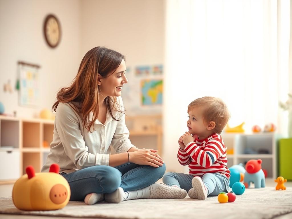 A warm and inviting therapy room with soft lighting, featuring a child engaged in a one-on-one session with a compassionate BCBA. The setting includes educational materials like colorful charts and toys, creating a nurturing atmosphere for learning and growth.