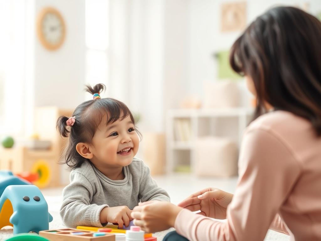 A serene, high-resolution image of a child engaged in a joyful learning activity with a therapist in a bright, welcoming therapy room. The background features soft, gentle lighting, with educational toys and materials subtly arranged to create a peaceful atmosphere. The focus should be on the child's expression of happiness and curiosity, capturing the essence of growth and empowerment.