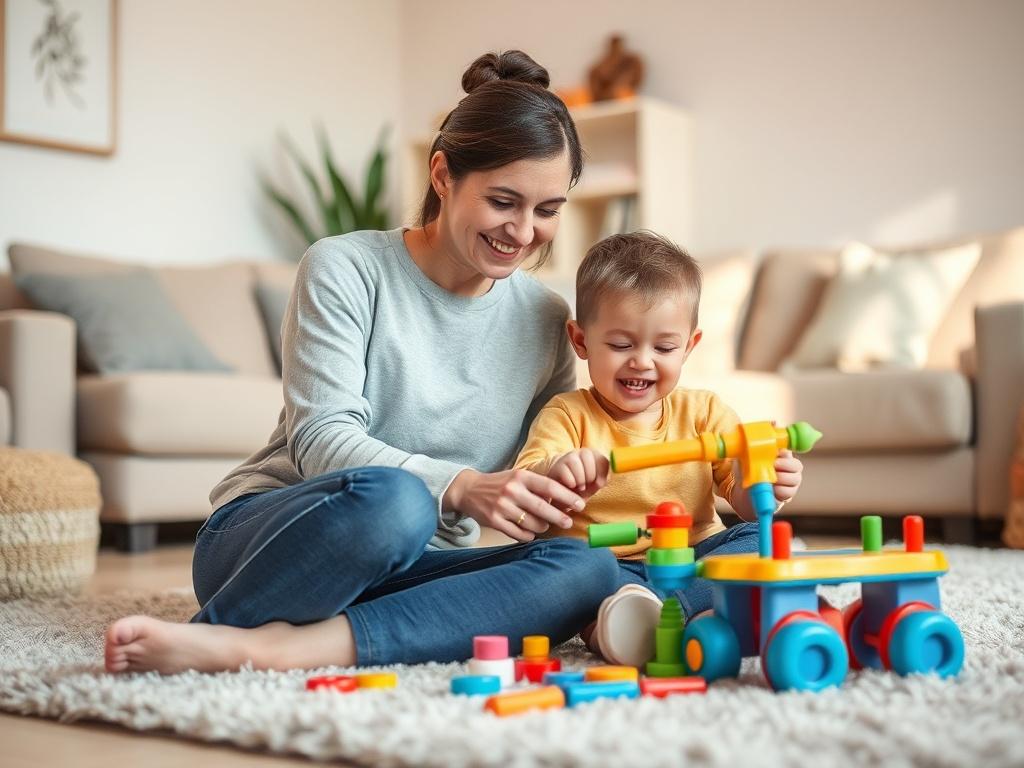 Create a realistic high-resolution photo that embodies the theme of "ABA for New Families." The image should feature a warm, inviting living room setting to evoke a sense of comfort and safety. 

- **Composition:** Center the focus on a single, smiling mother engaging with her young child, who is playing with colorful educational toys. The mother should be seated on a soft, plush rug, displaying a nurturing and attentive demeanor. The image should capture the moment as they interact, showcasing a strong bon