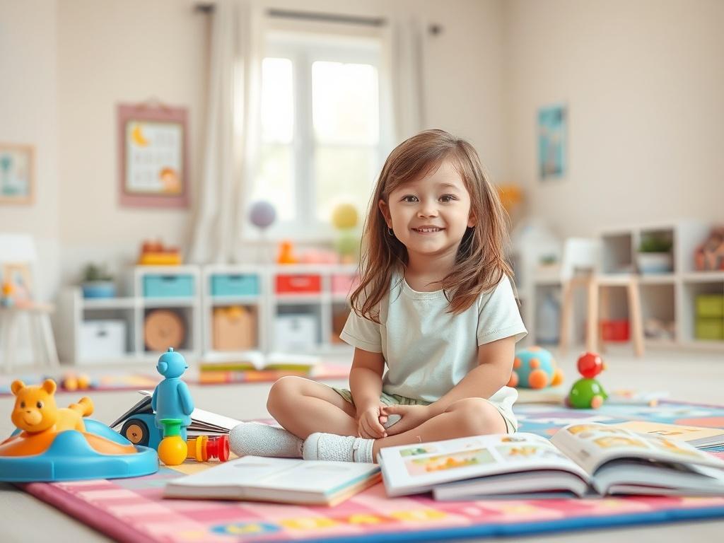 **Prompt for AI Image Generation:**

Create a realistic high-resolution photo that captures the essence of the blog titled "Benefits of Applied Behavior Analysis." The composition should be simple and clear, featuring a single subject: a young child (approximately 5-7 years old) engaged in a joyful learning activity in a bright, welcoming environment. 

The child, a girl with brown hair and a cheerful demeanor, should be sitting on a colorful educational mat, surrounded by various age-appropriate learning t