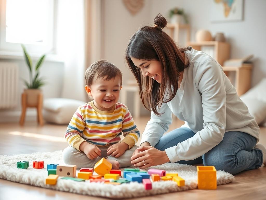 Generate a realistic high-resolution photo that visually represents the concept of ABA therapy for children with autism. The image should feature a compassionate therapist engaging one-on-one with a young child, around 6-8 years old. The child, an autistic individual, exhibits a joyful expression while interacting with colorful educational toys scattered on a soft, inviting mat. 

The therapist, a warm and approachable adult, should display a supportive demeanor, kneeling beside the child and encouraging th