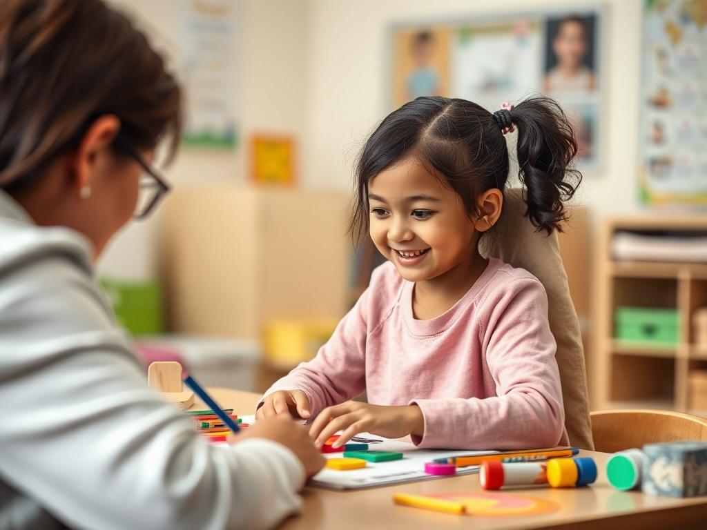 A serene and inviting classroom setting with a single child engaged in a learning activity, surrounded by colorful educational materials. The child, a young girl with autism, is smiling and focused while working with a teacher who is guiding her. The background features soft lighting, gentle colors, and a peaceful atmosphere, emphasizing a sense of support and inclusion in the learning environment.
