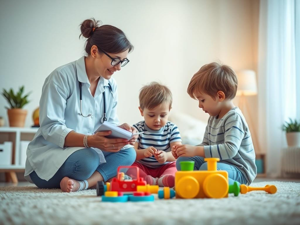 A calm, inviting room with soft lighting where a child is engaged in a focused activity with a clinician. The clinician is observing and taking notes while the child is playing with educational toys. The atmosphere is peaceful and nurturing, emphasizing support and understanding. Use soft tones and ensure the background is simple, reflecting a comfortable learning environment.