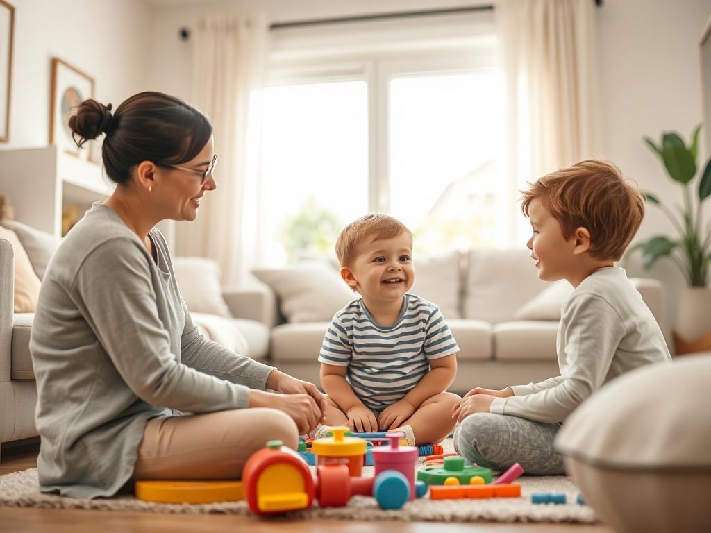 A calm and inviting living room setting with a child engaged in a one-on-one ABA therapy session with a caring therapist. The therapist is sitting on the floor with colorful educational toys around them, and the child is smiling and focused. Soft natural light is coming in through a window, highlighting the warmth and comfort of the home environment. The room has gentle colors, creating a peaceful atmosphere.