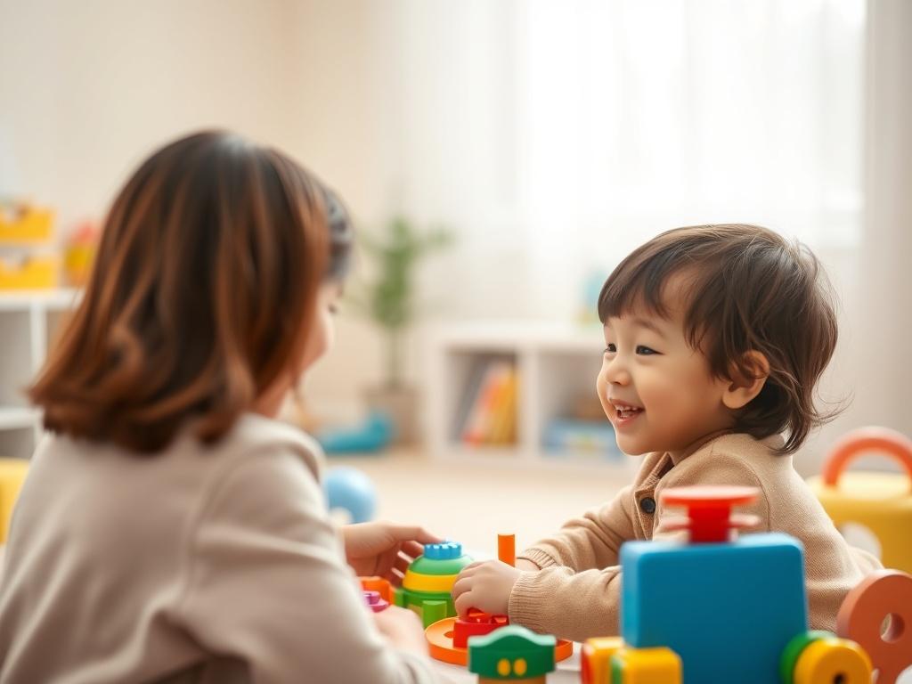 A serene therapy session with a child engaged in an ABA activity, surrounded by colorful educational toys. Soft lighting creates a calming atmosphere, with a gentle backdrop of pastel colors. The focus is on the child smiling and actively participating in the session, showcasing joy and engagement.
