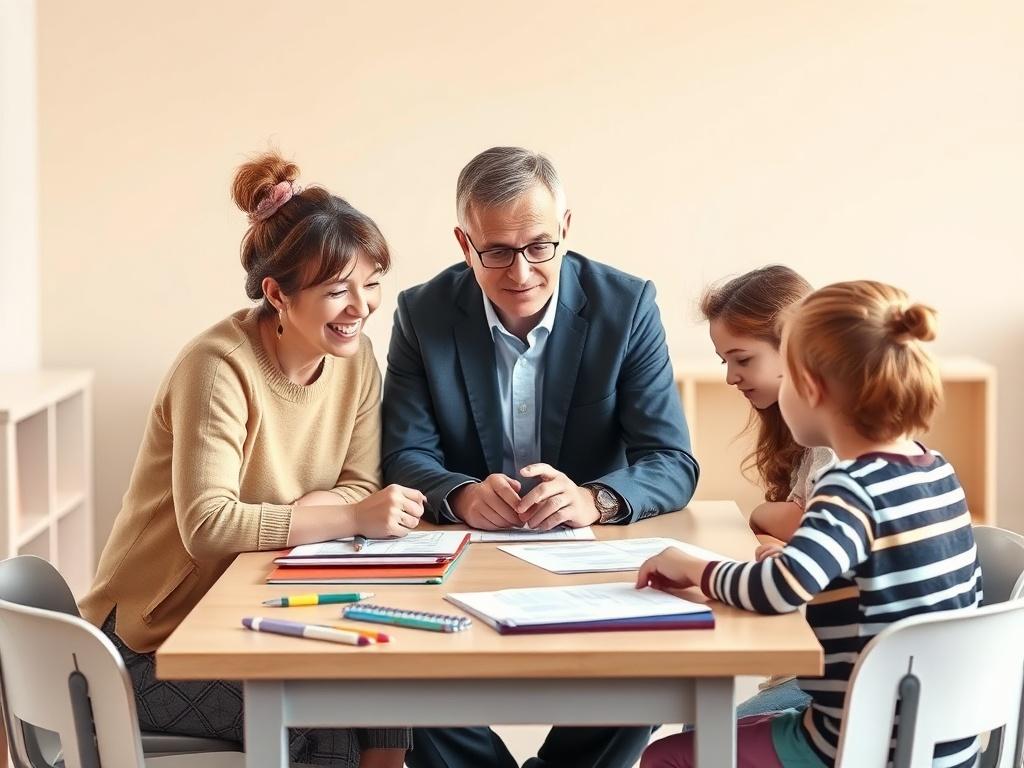 A warm, inviting image of a professional consultant sitting at a table with a parent and a teacher. They are discussing educational strategies for a child with autism, with documents and educational tools spread out on the table. The background features a soft, neutral-toned classroom setting with gentle lighting, creating a peaceful atmosphere. The consultant is actively engaging with both the parent and teacher, showing a collaborative approach.