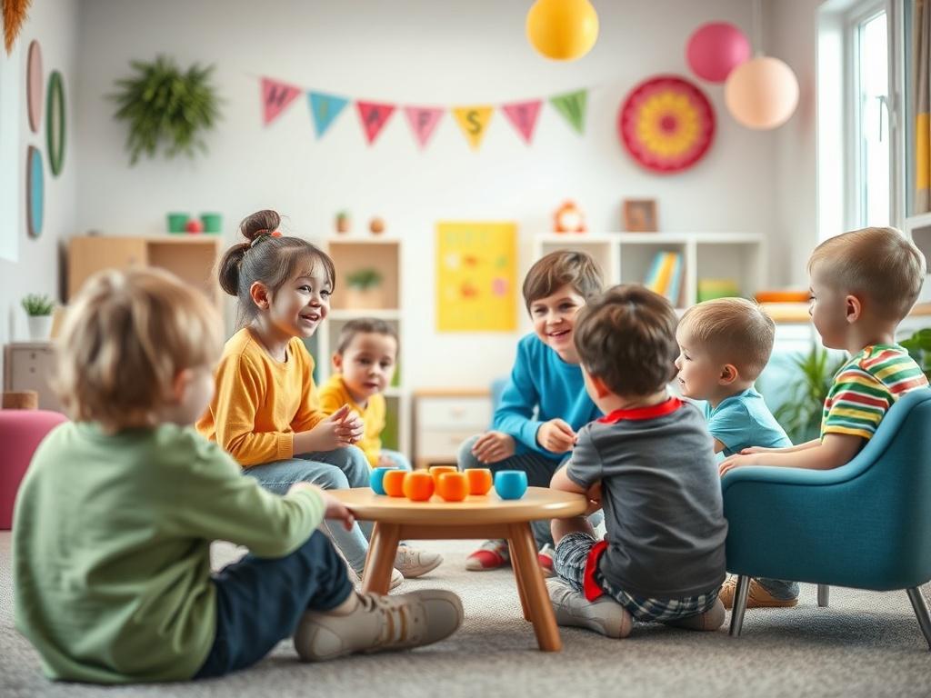 A lively group therapy session where children are engaged in social activities, such as games and role-playing. The room is bright and cheerful, with colorful decorations that reflect a fun, interactive learning environment.