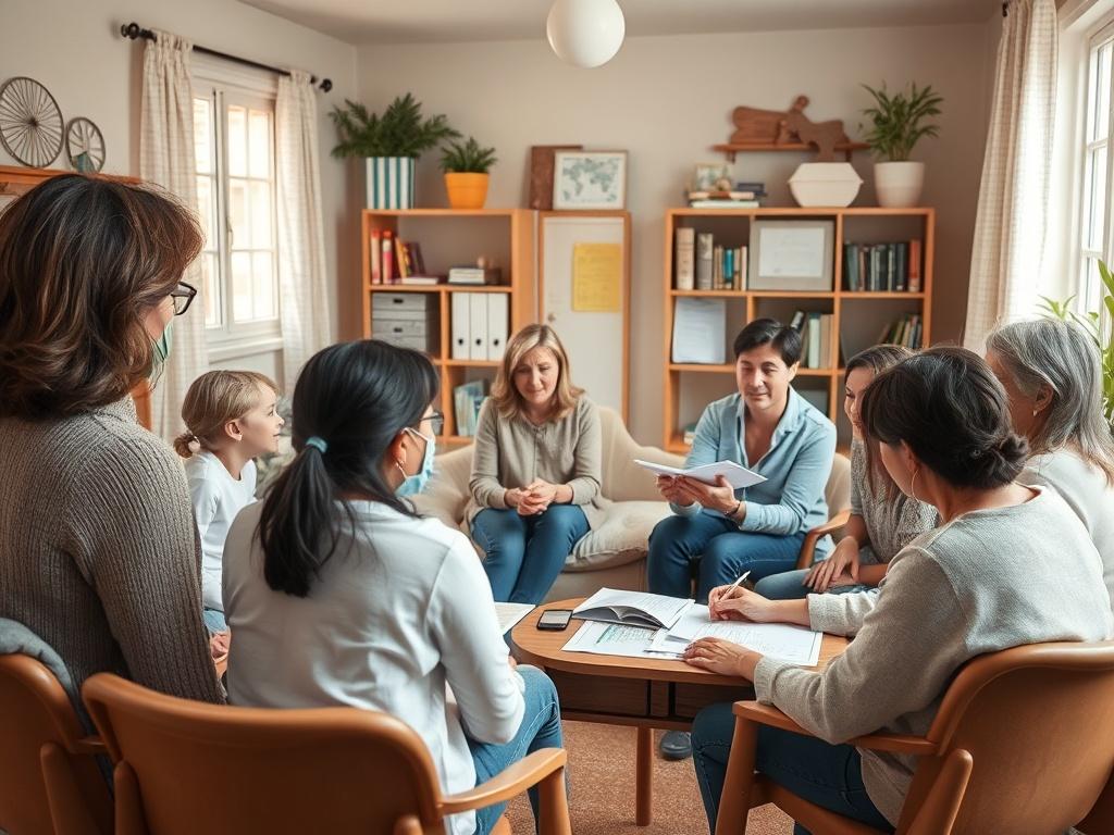 A group of engaged parents in a cozy workshop setting, participating in discussions and activities led by an experienced trainer. The room is filled with educational materials and resources, creating an atmosphere of collaboration and support.