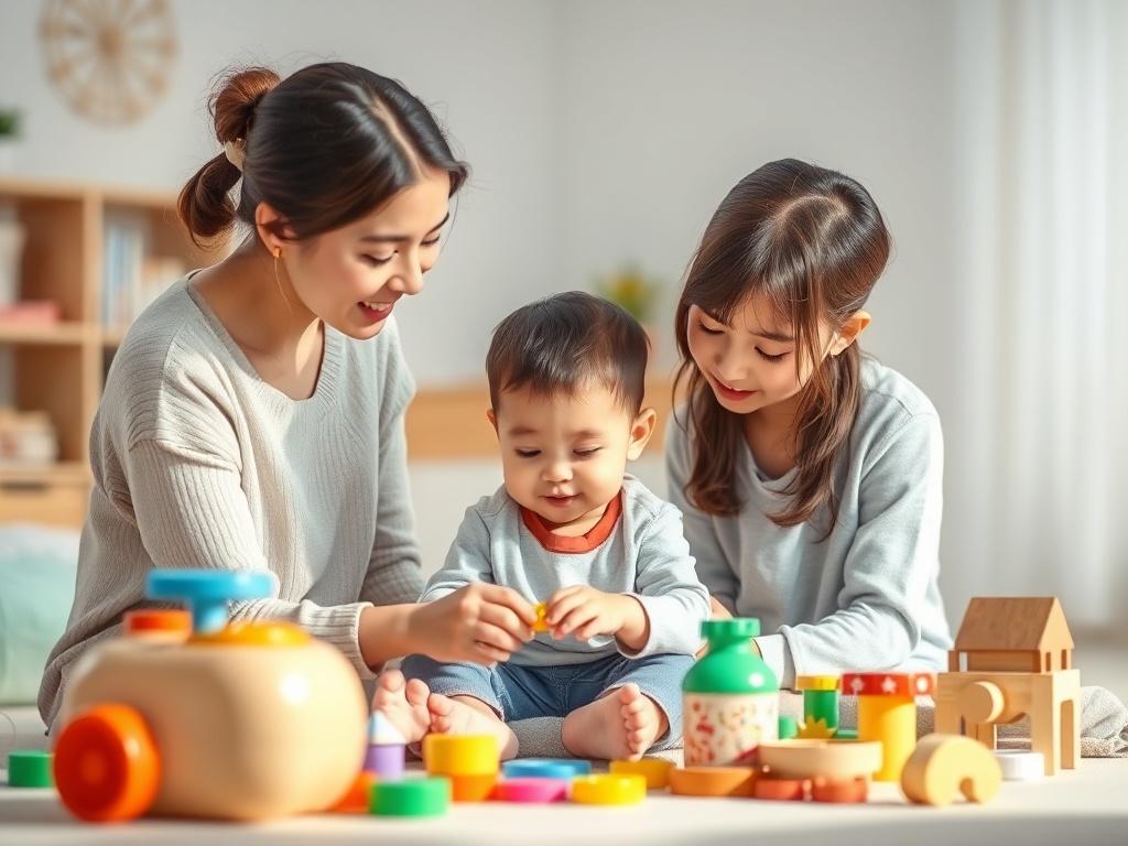 A serene therapy room with soft, gentle lighting. A child and a therapist are engaged in a play-based activity, surrounded by colorful educational toys. The background features calming colors and a peaceful atmosphere, creating a nurturing environment.
