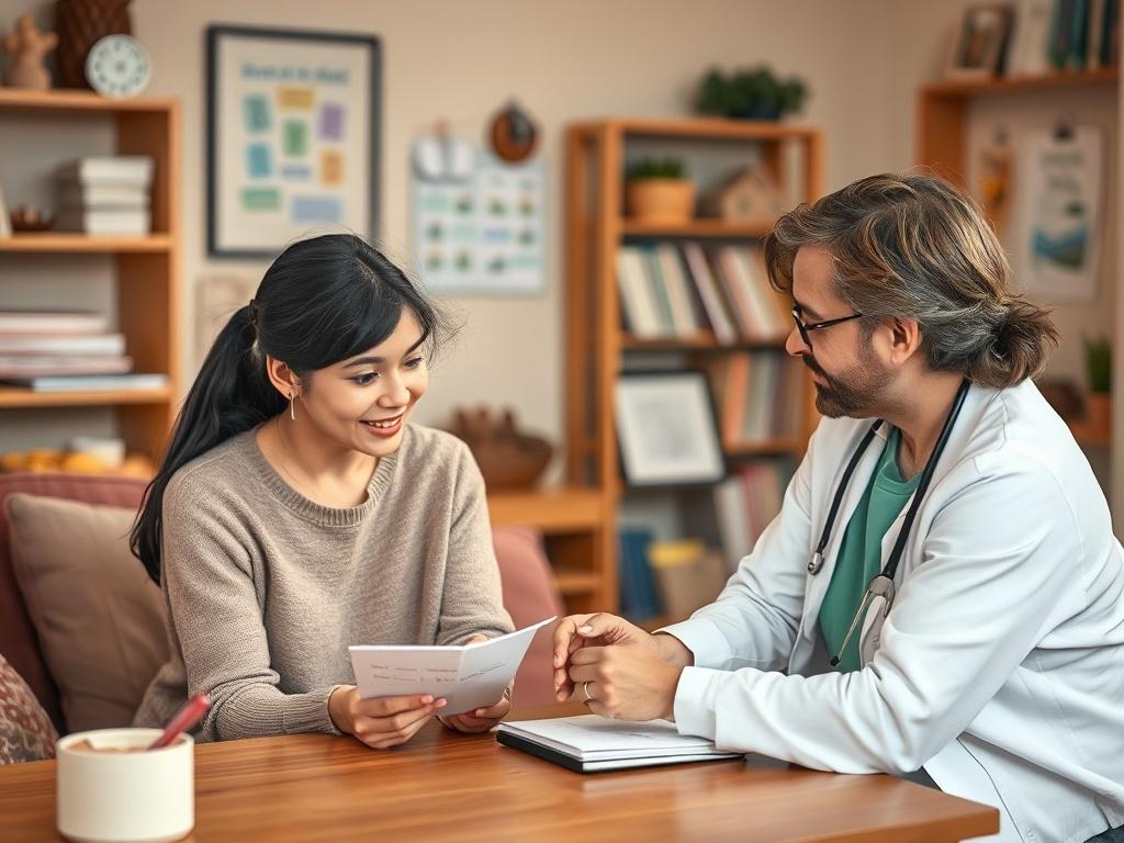 A warm, inviting setting where a parent is engaged in a training session with a clinician. The clinician uses visual aids to explain concepts, while the parent takes notes attentively. The background features educational materials and a cozy atmosphere.