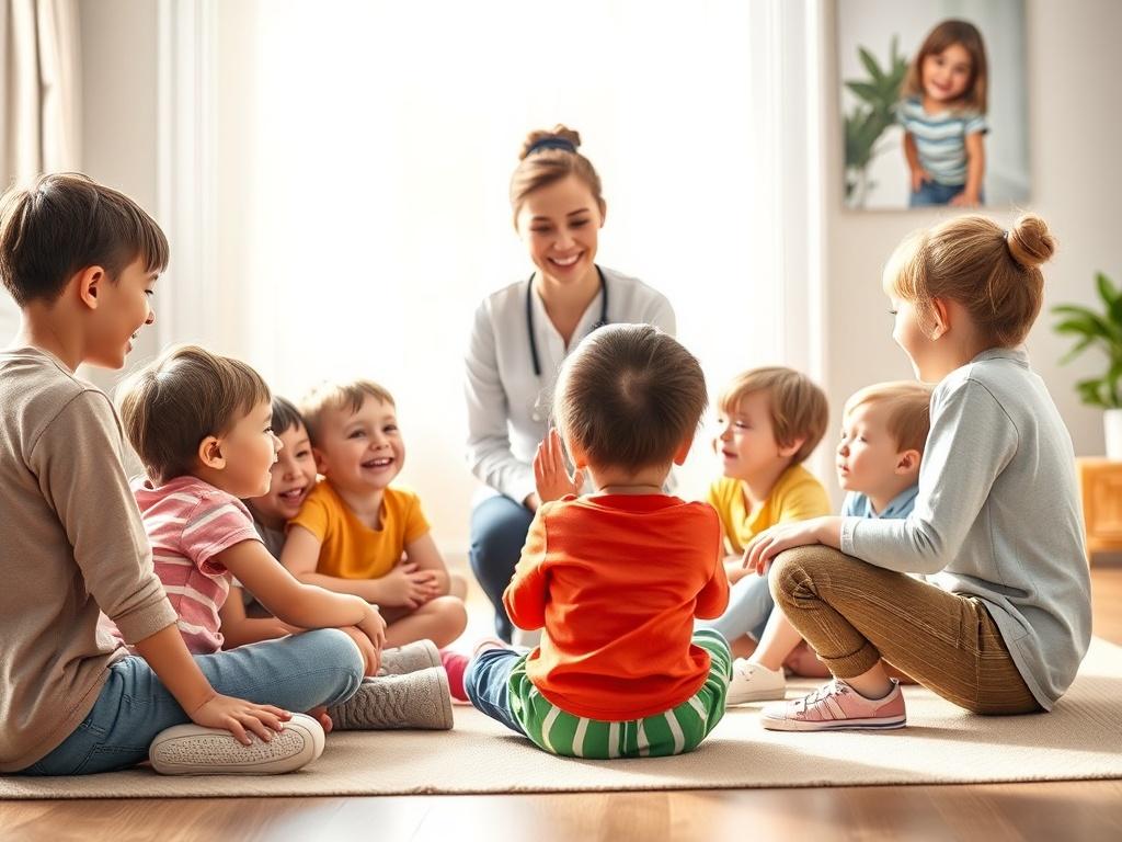 A cheerful group therapy session with several children interacting in a circle. A therapist facilitates the session, encouraging participation. Bright and inviting colors fill the room, creating a friendly atmosphere filled with laughter and learning.