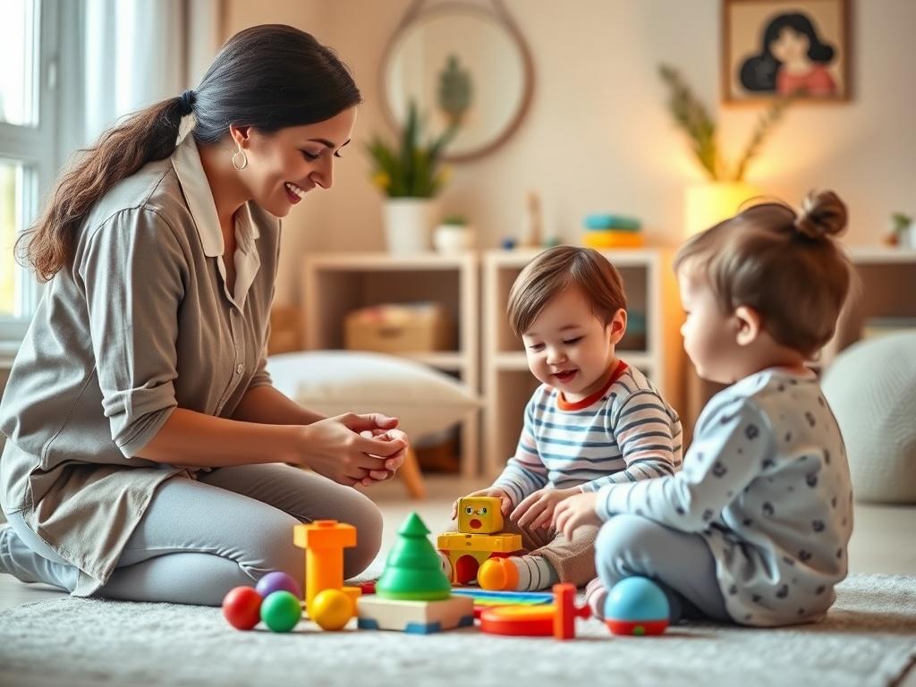 A calm and inviting room with soft lighting, featuring a child engaged in a one-on-one behavioral assessment with a caring clinician. The clinician is kneeling down to the child's level, using colorful toys and visual aids to facilitate the assessment. The background should have warm tones, with gentle, peaceful decor, creating a supportive and nurturing atmosphere.