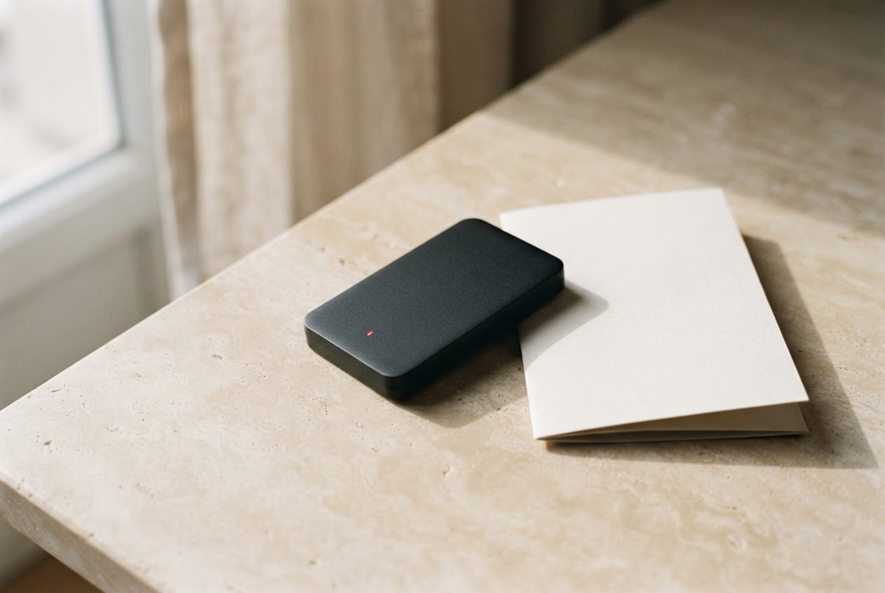A matte black hardware wallet resting on a softly lit stone desk