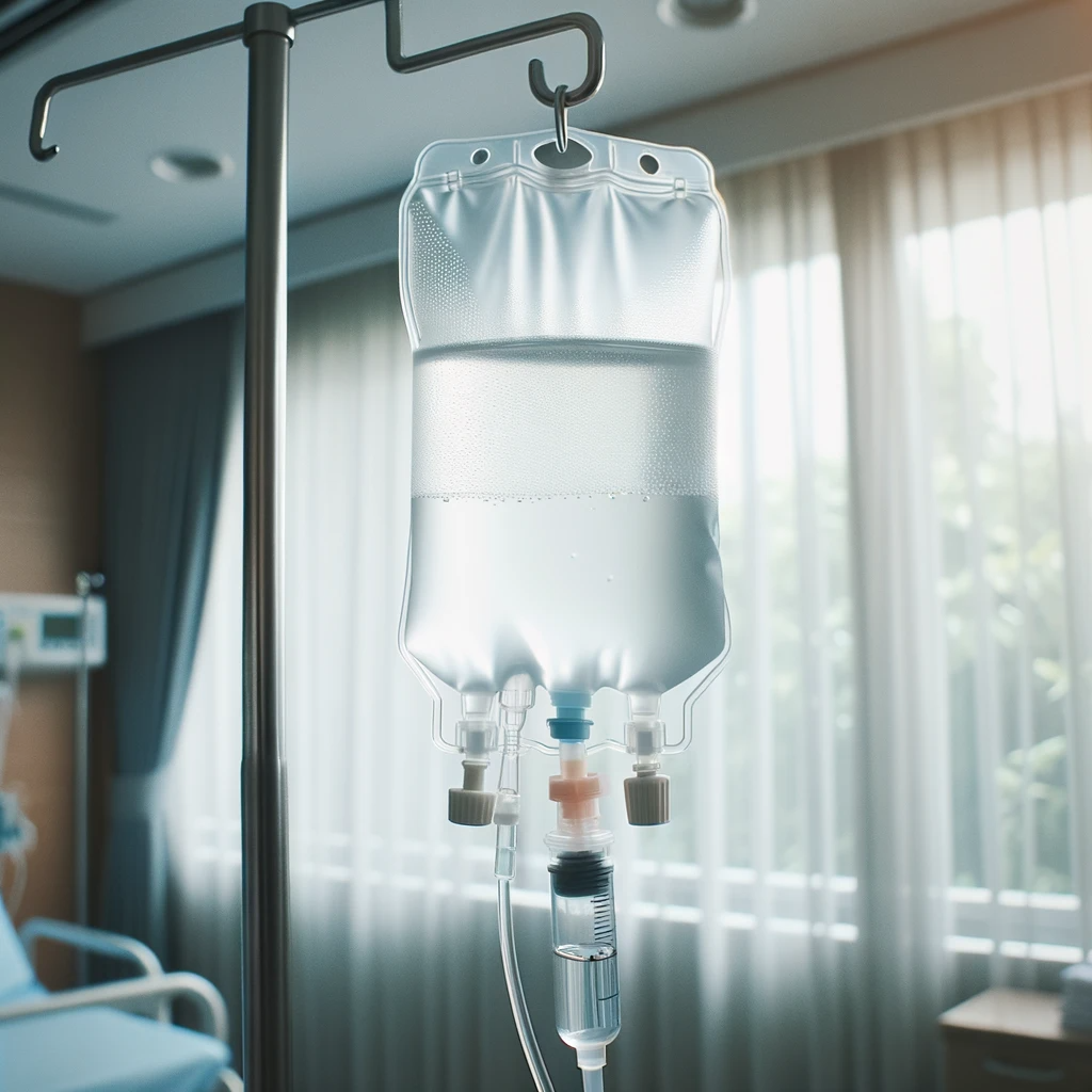 dall·e 2023-10-16 00.29.27 - photo of a clear intravenous solution bag hanging on a metal stand, with the iv tubing leading downwards, ready for medical use.png