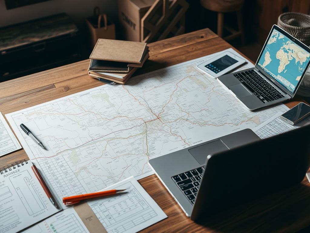 A detailed transportation plan spread out on a table, with