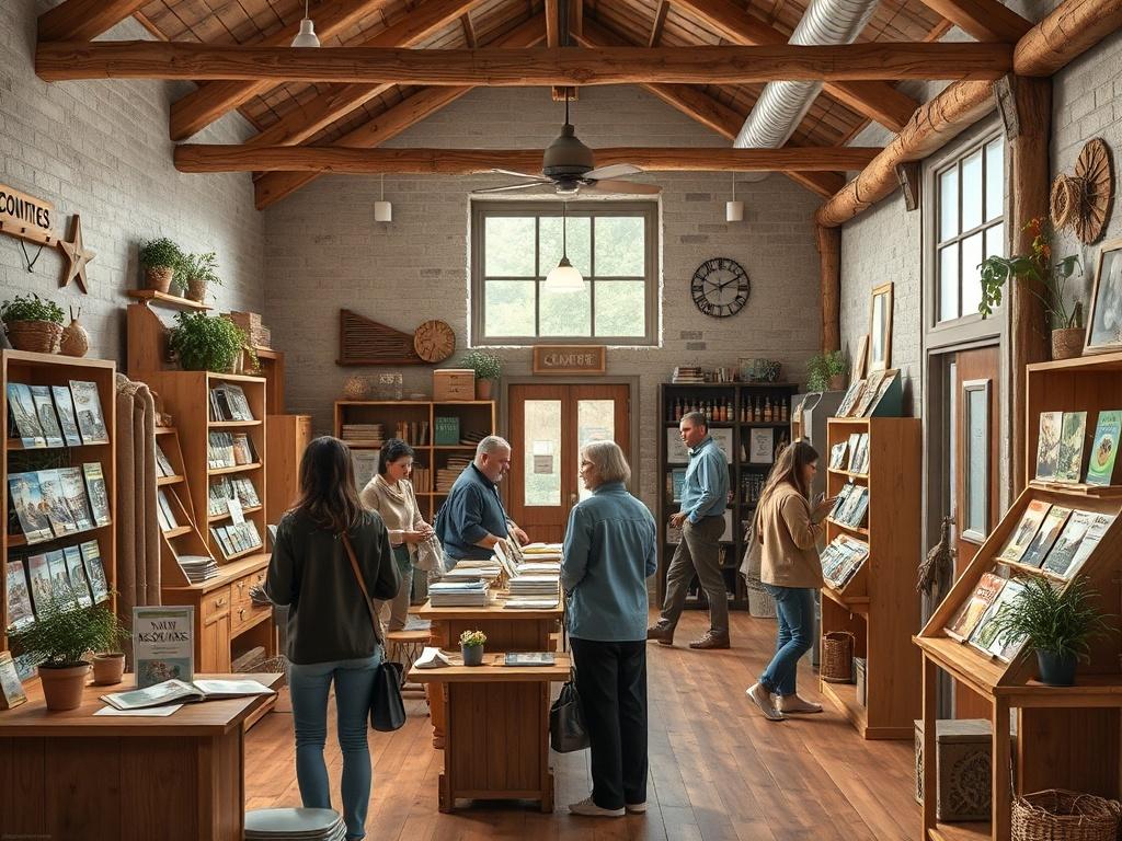 A community resource center with people engaging, brochures displayed, and