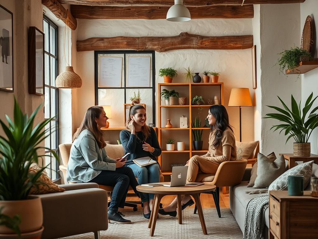 A friendly consultation setting with two people discussing in a