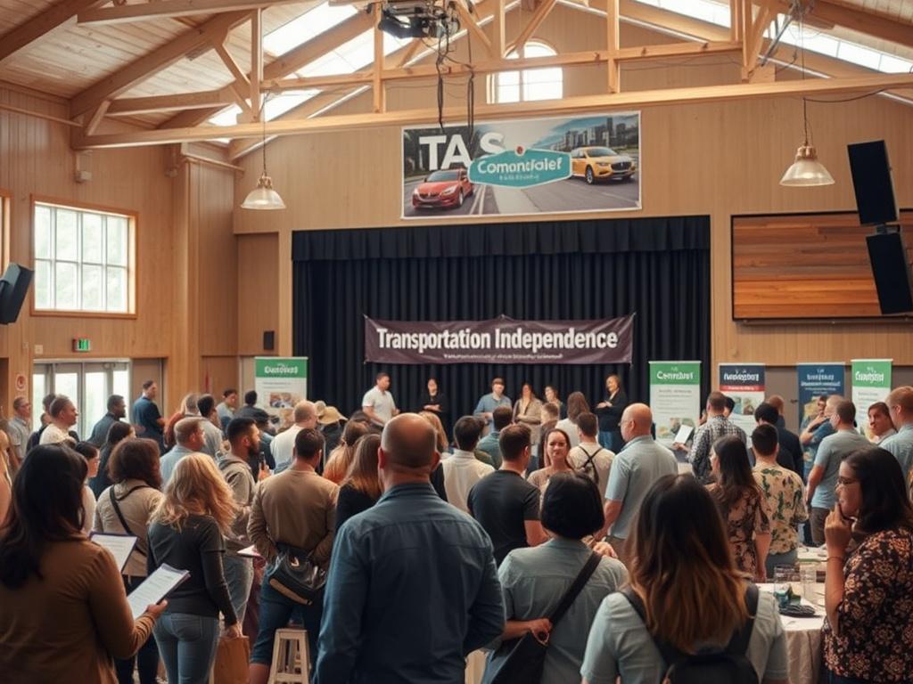 An energetic kickoff event in a community center with a stage, banners promoting transportation independence, and enthusiastic attendees engaging with presenters. The scene should showcase a diverse group of people, some taking notes, others interacting with informational booths, all under bright lights and a welcoming atmosphere.