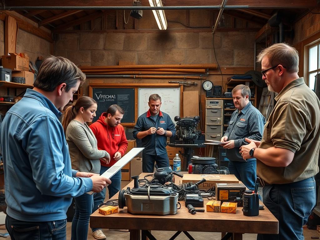 A workshop setting where participants are engaged in hands-on activities, such as learning about vehicle maintenance and safety. The room should be filled with interactive materials, and participants should appear focused and enthusiastic, with a knowledgeable instructor guiding them.