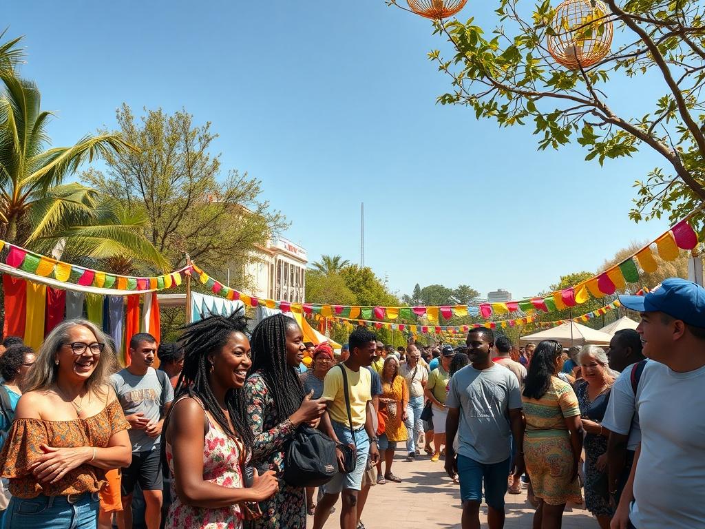 A vibrant community gathering in an urban park setting, with people of diverse backgrounds participating in uplifting activities. The scene should be lively with colorful decorations, people smiling, interacting, and enjoying the atmosphere, under a clear blue sky. Focus on capturing the essence of community spirit and positivity.
