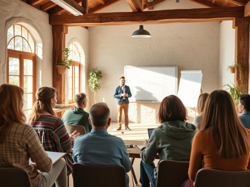 A training session in progress with individuals taking notes and engaging with a speaker at the front. Visual aids are displayed on a whiteboard. The room is filled with natural light and has an inspiring environment.