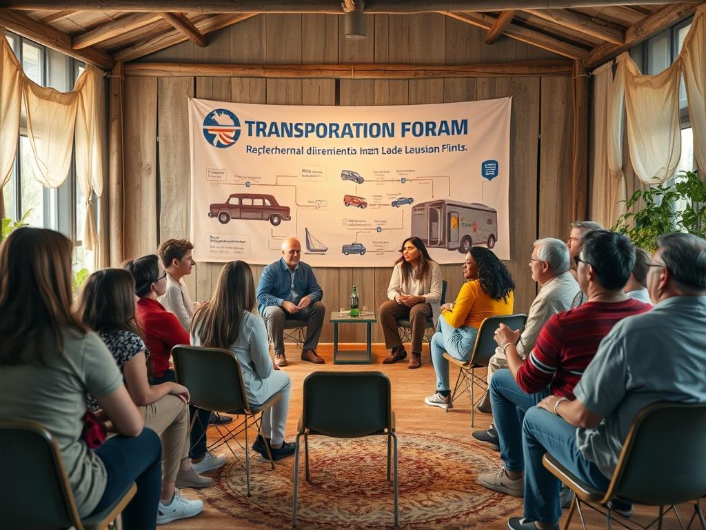 A community forum setting with people seated in a circle, discussing transportation ideas. The background includes a banner with transportation graphics. The ambiance is warm and inviting, with natural lighting and earthy colors.