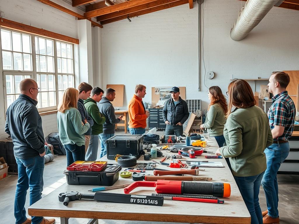 An interactive workshop in a bright room with people actively participating in discussions. Tools and vehicle maintenance materials are displayed on a table. The atmosphere is engaging and educational.