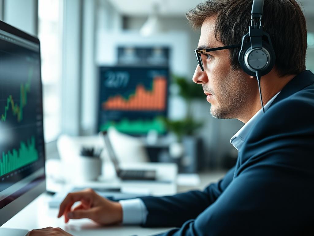 A high-resolution close-up of a professional financial advisor analyzing investment data on a computer screen. The background is a modern office with financial charts and graphs visible. The focus is on the advisor's engaged expression, symbolizing expertise and strategic thinking.