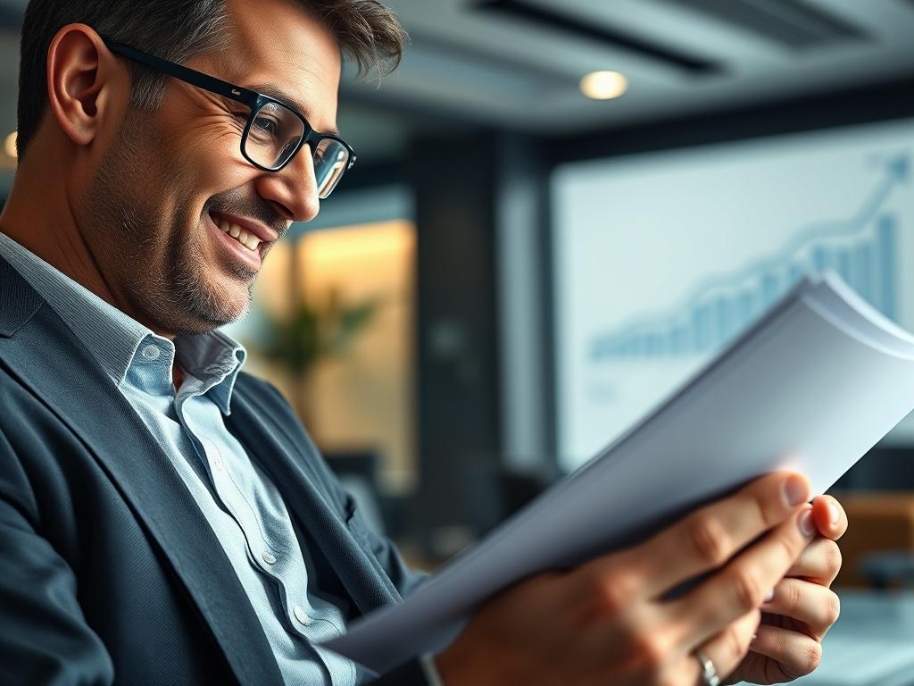 A high-resolution close-up of a business person reviewing exclusive investment documents with a confident smile. The background features a sleek office environment with charts and graphs indicating growth. The image conveys a sense of exclusivity and opportunity.