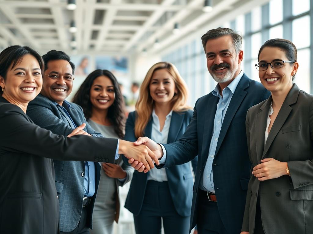 A high-resolution close-up of a diverse group of business leaders shaking hands in a modern office setting. The background shows a vibrant business environment, symbolizing collaboration and partnership. The focus is on the positive expressions of the leaders, indicating success.