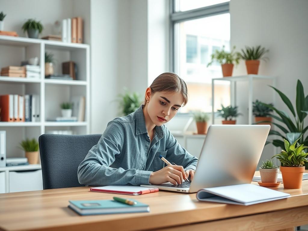 Create a realistic high-resolution photo focusing on a single subject: a young professional, a college student in their early twenties, sitting at a modern desk in a bright, well-organized workspace. The student is looking thoughtfully at a laptop while jotting down notes in a notepad, reflecting engagement in their internship journey. The background should feature shelves with neatly arranged books and potted plants, creating an inviting yet productive atmosphere. Soft, natural light streams in through a w