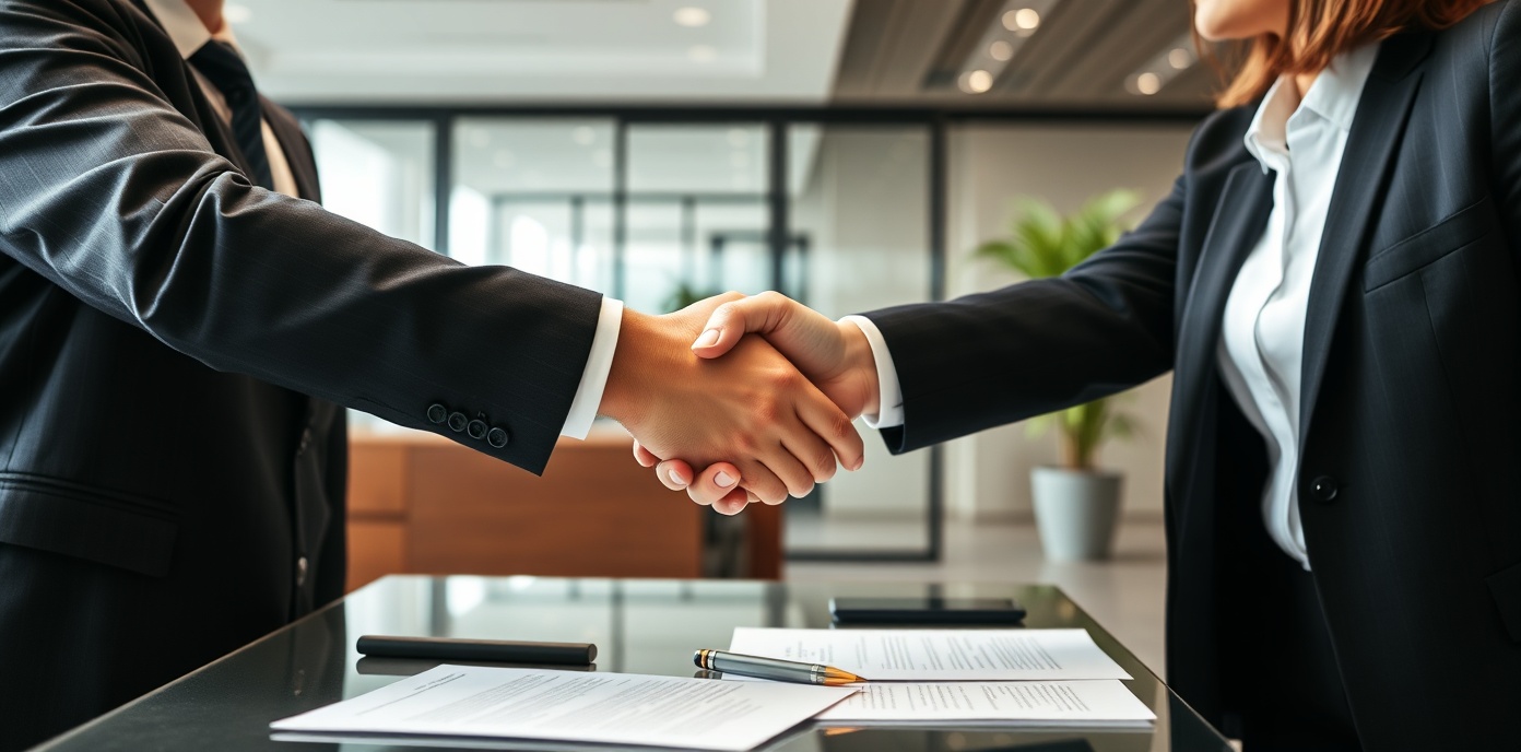 Premium professional business handshake and agreement, successful B2B collaboration