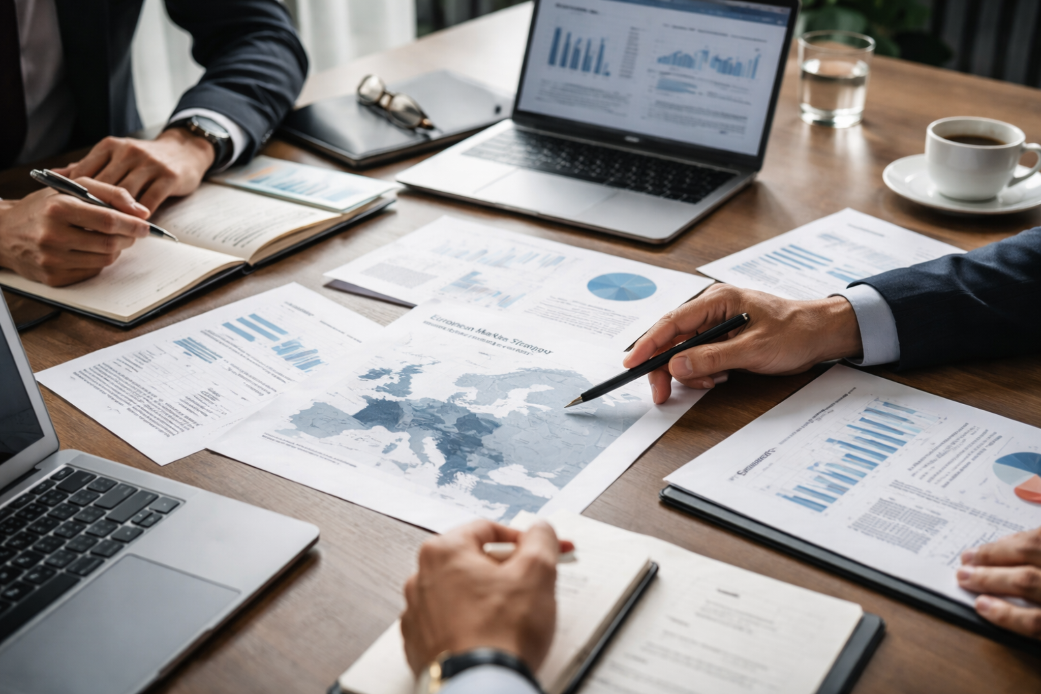 Profesyonel iş stratejisi ve operasyon koordinasyon: modern ofis masası, laptop, belgeler ve planlama materyalleri