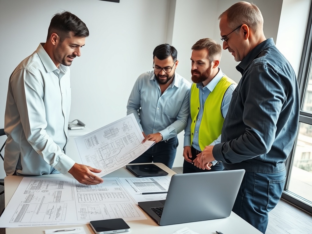 Mühendislerin teknik çizim ve CAD planları üzerinde çalışması