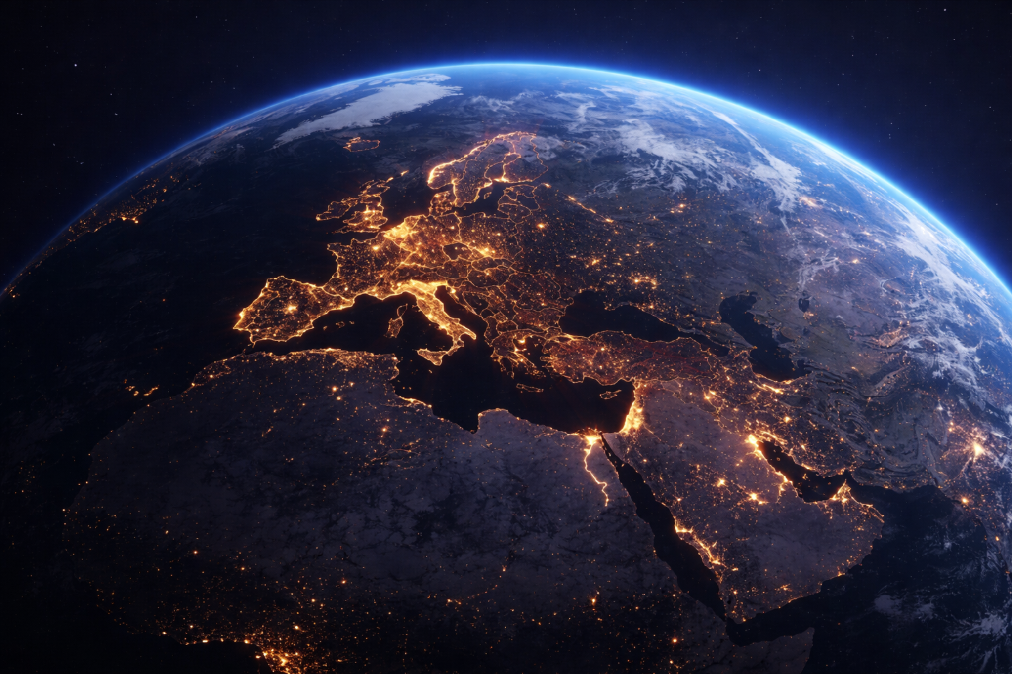 Avrupa'nın uzaydan gece görünümü, ışıklar ağı, Türkiye-Avrupa bağlantısı