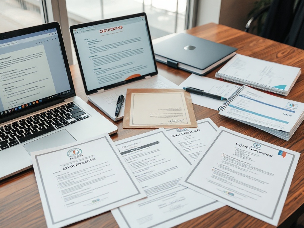 Professional business desk with export preparation documents, certifications, and company technical materials