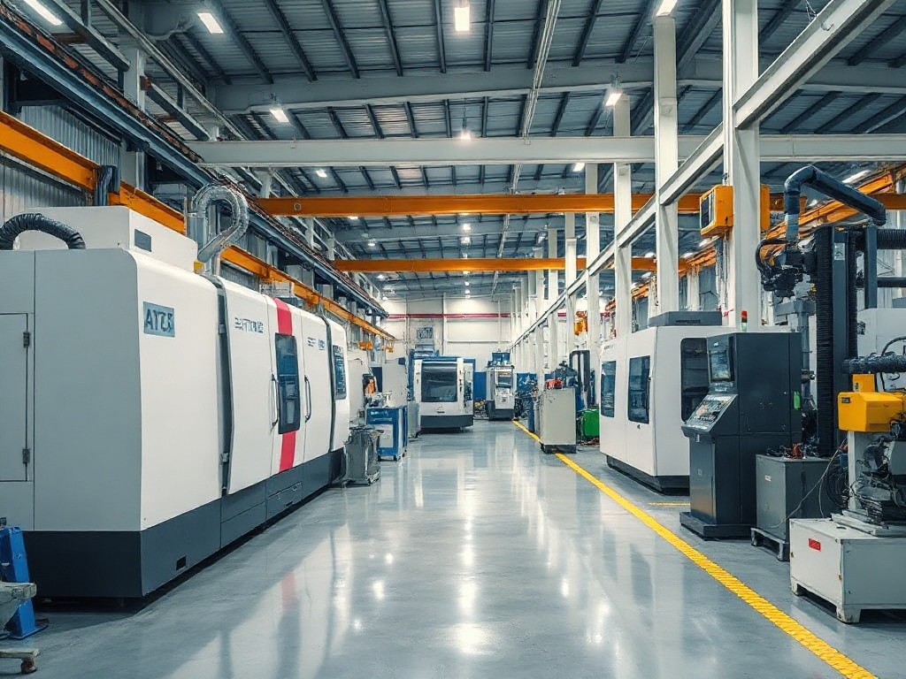 Clean realistic factory floor with CNC machinery and industrial production equipment