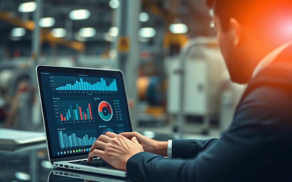 Manufacturer Research - Professional supplier research at laptop with industrial context