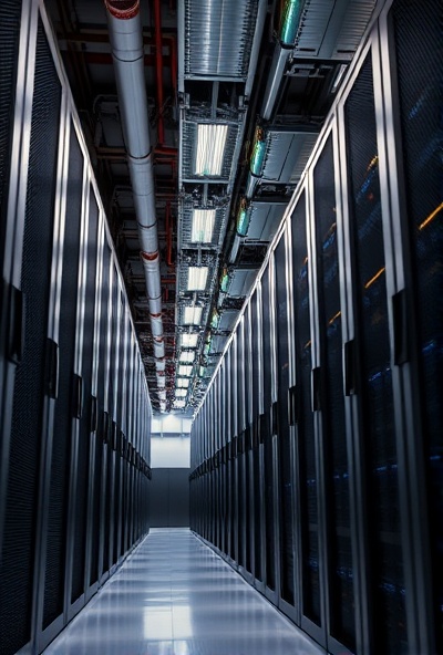 Data center corridor with server racks and technical infrastructure